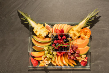 VIP tray fruit plate total on slate from above